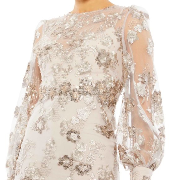 MAC DUGGAL 70237 EMBELLISHED HIGH NECK ILLUSIONS LONG SLEEVE MOCHA MIDI DRESS 8 - Picture 4 of 5